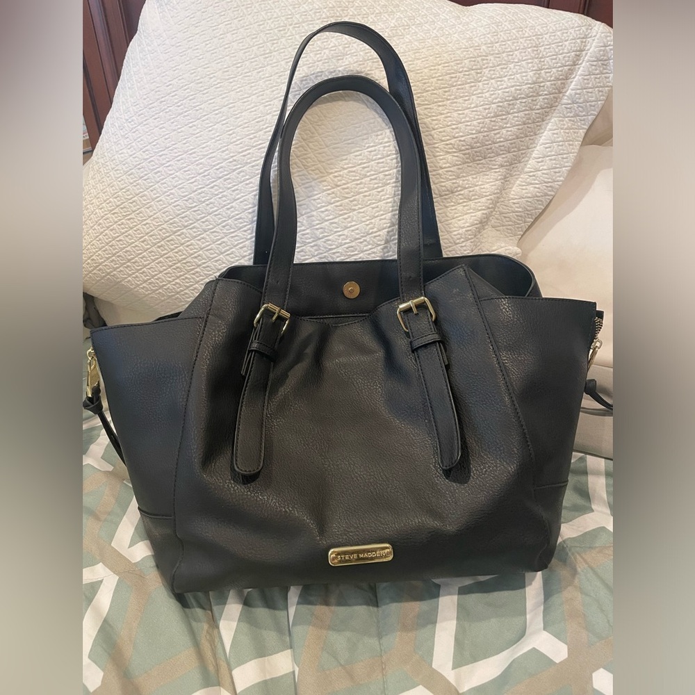 Steve Madden black large tote purse with built in bag with many zippers